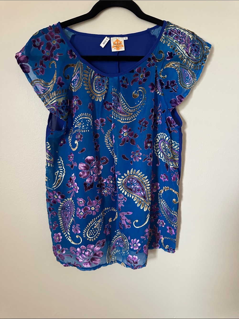 Women’s Blue Paisley Flutter-Sleeve Blouse